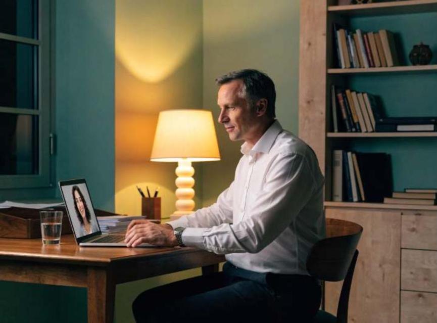 GP running an evening video consultation from a home office